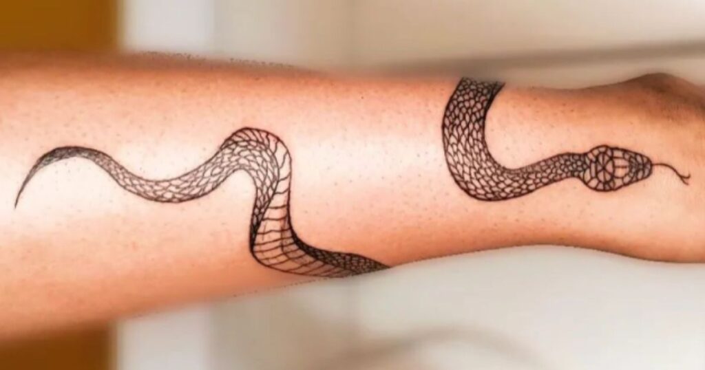 Bra&ccedil;o com tatuagem de cobra preta em formato sinuoso, destacando-se sobre a pele.