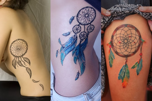 tatuagem-filtro-dos-sonhos-4 Três tatuagens de filtro dos sonhos em diferentes estilos e cores, localizadas nas costas e na coxa de pessoas.