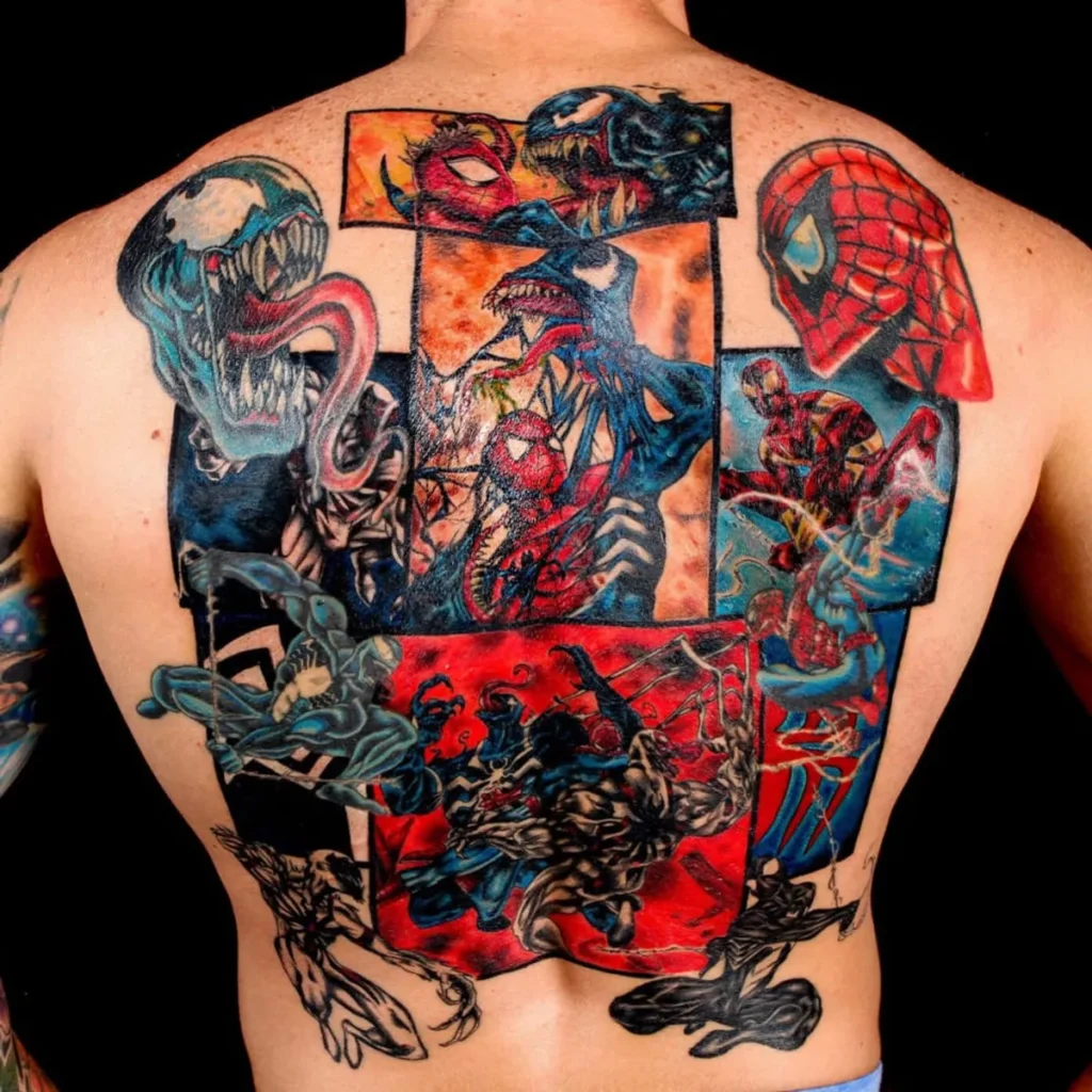 tatuagem-do-homem-aranha-2-1024x1024-1 Tatuagem nas costas com personagens de quadrinhos em várias poses e cores vibrantes.