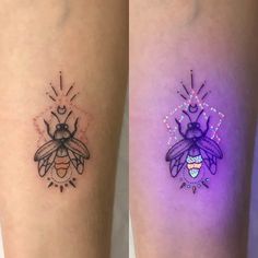 tatuagem-de-vagalume-2 Tatuagem de abelha em braço, com tinta regular à esquerda e tinta ultravioleta brilhando à direita.