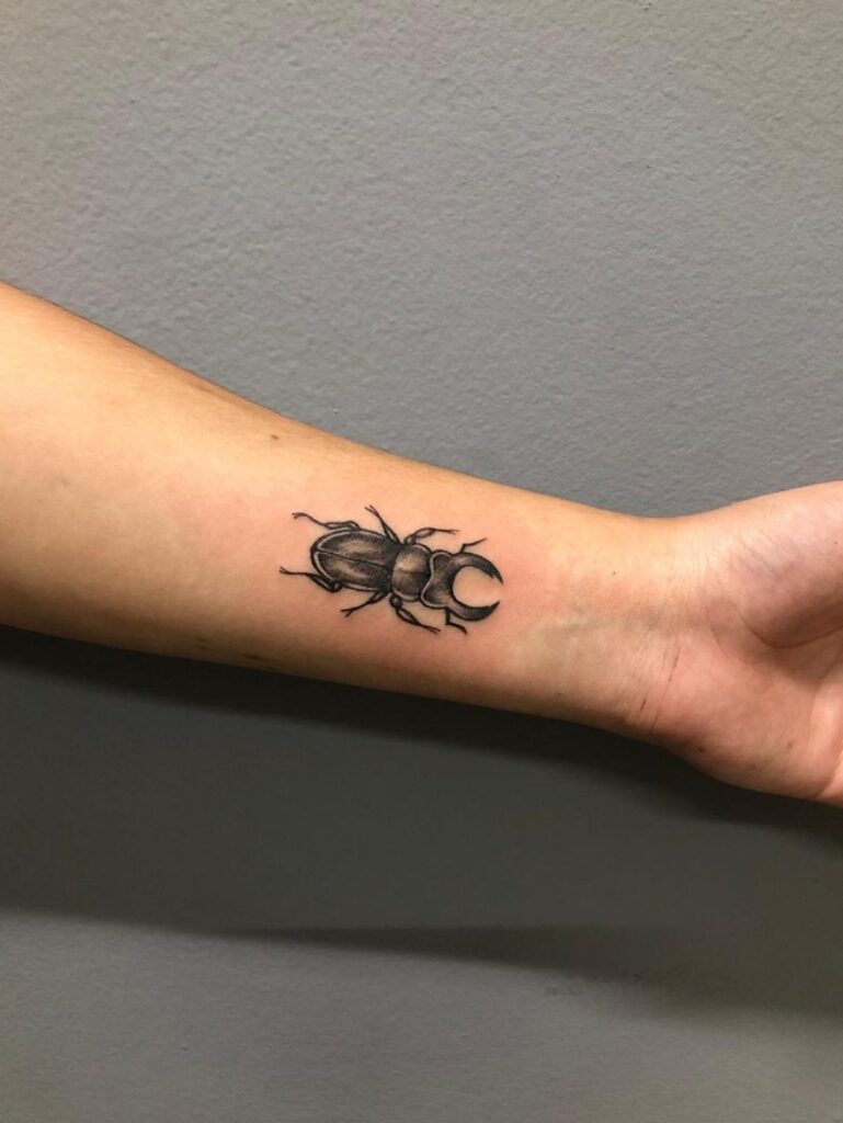 tatuagem-de-besouro-2-769x1024-1 Braço com tatuagem de besouro em estilo realista, sobre fundo cinza.