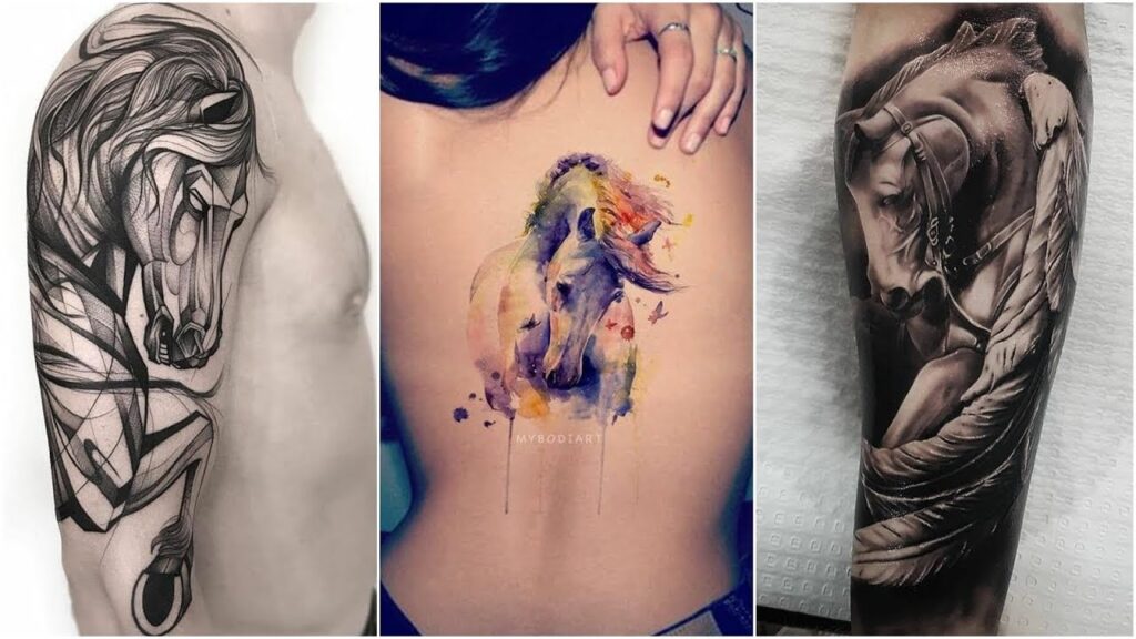 Tr&ecirc;s tatuagens de cavalo em estilos diferentes: geom&eacute;trico, aquarela e realista, em bra&ccedil;os e costas.
