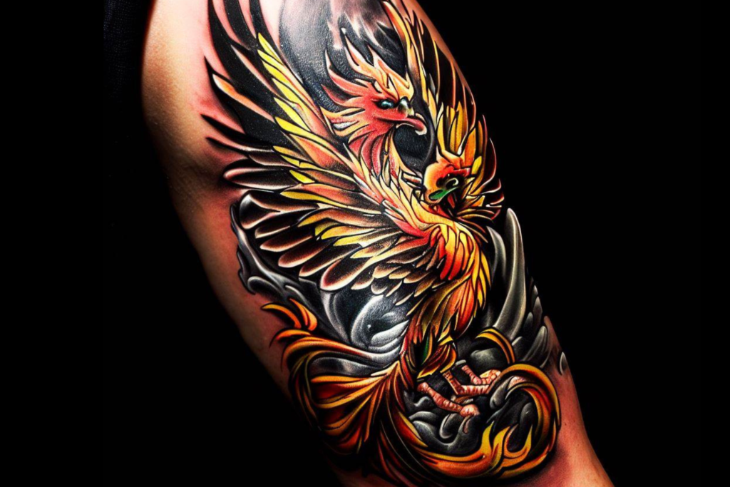 tatuagem-de-fenix-3-1024x683-1 Tatuagem colorida de fênix com asas abertas, detalhes em laranja, vermelho e preto, cobrindo parte do braço.
