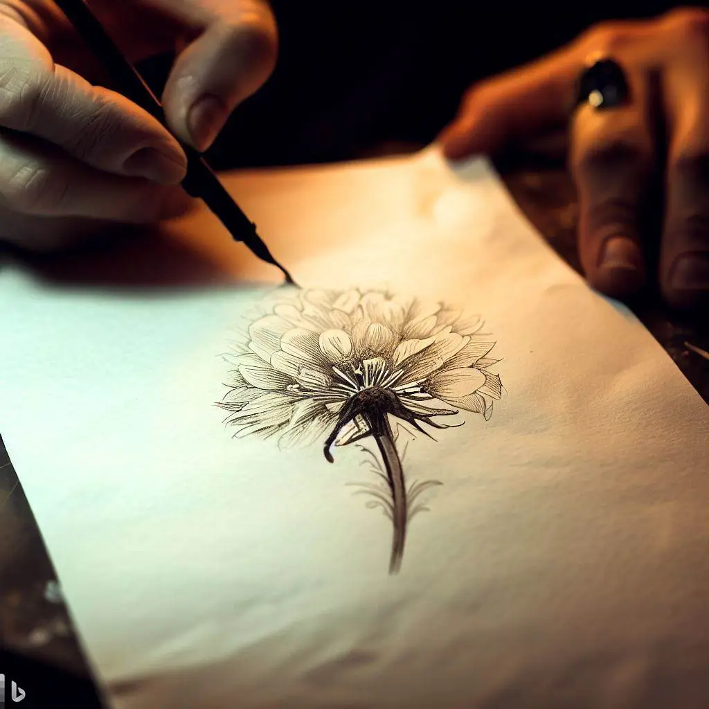 M&atilde;os desenhando uma flor detalhada em um papel com caneta preta, sob luz suave.