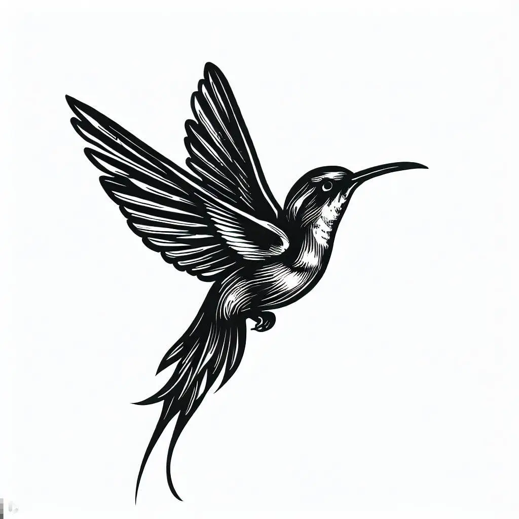 2f2f58df-5fca-4e1e-923f-36df84150046 Ilustração em preto e branco de um beija-flor em voo com detalhes nas asas e cauda.