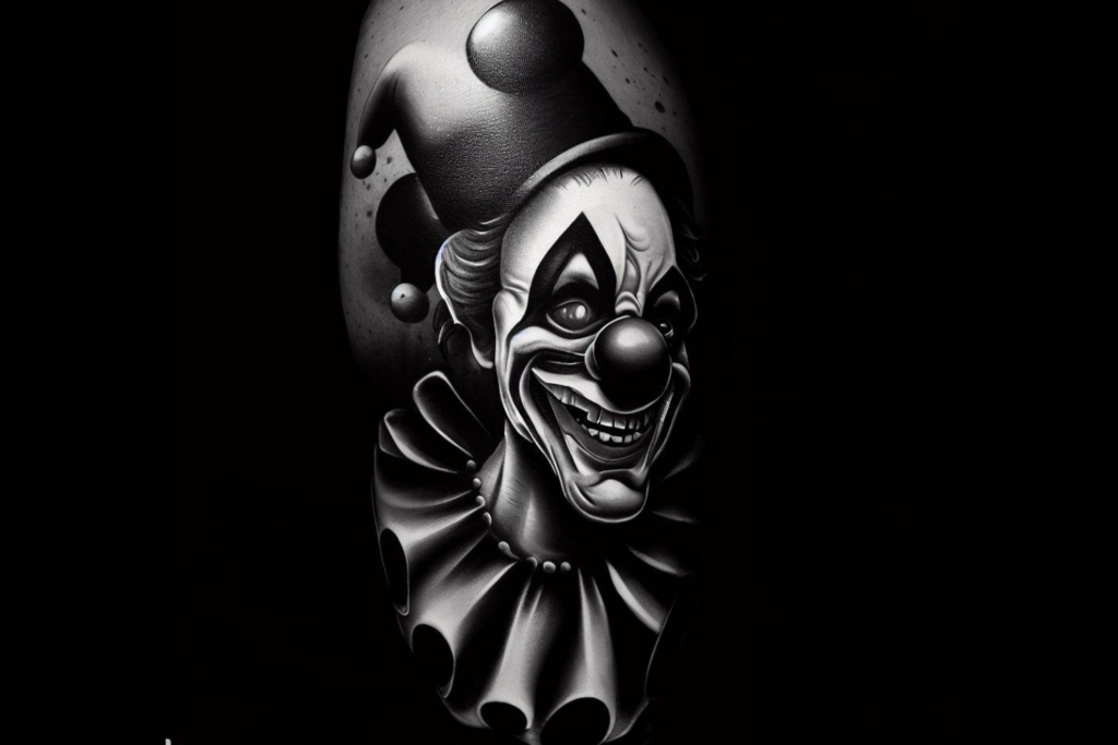 tatuagem-palhaco-2-1024x683-1 Desenho monocromático de um palhaço sorridente com chapéu pontudo em fundo escuro.