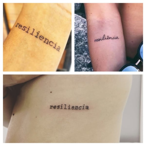 ideias-de-tattoo-resiliencia Três tatuagens em diferentes partes do corpo com a palavra "resiliência" escrita em estilos variados.