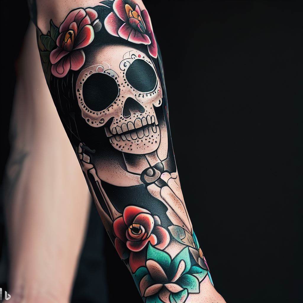 Tatuagem colorida de caveira e rosas no braço, com design detalhado e vibrante. Arte de tatuagem inspirada no Dia dos Mortos.