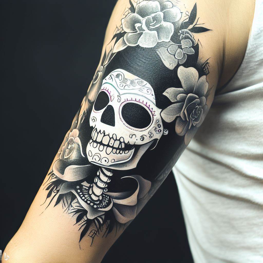 Tatuagem no braço com caveira estilizada e flores em preto e branco, destacando detalhes intricados.