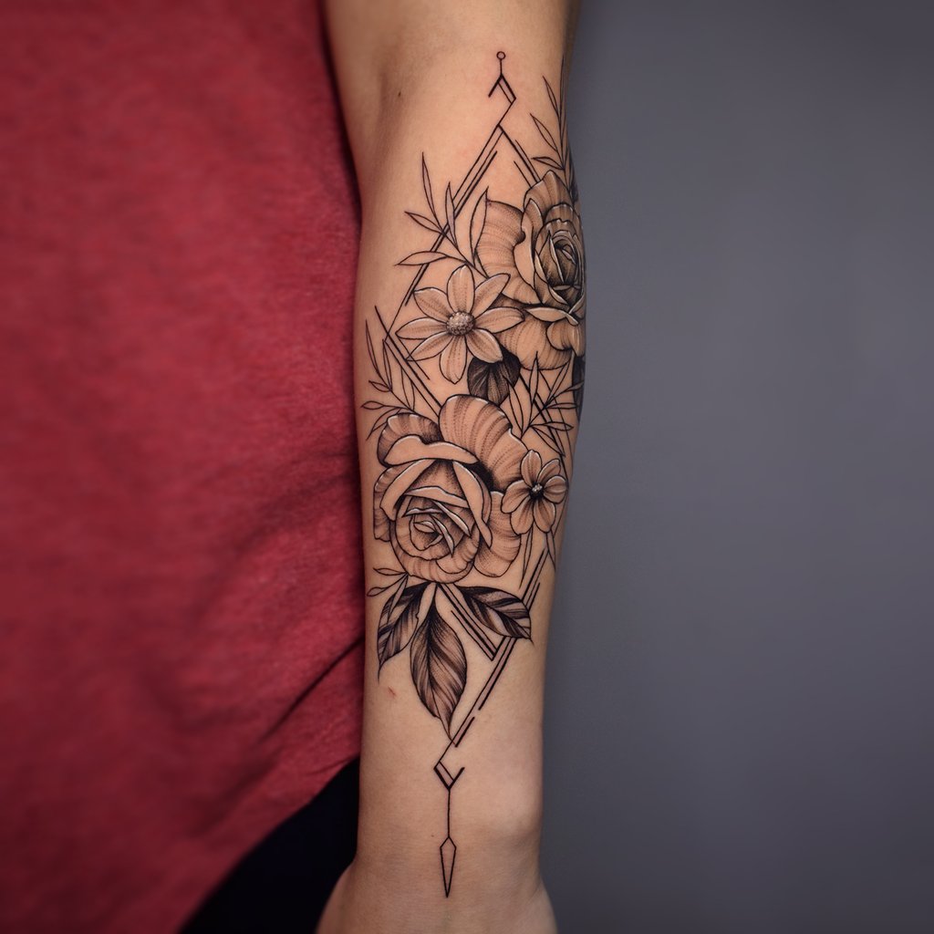 Tatuagem no antebraço de flores em preto e cinza com delineamento detalhado de rosas e folhas.