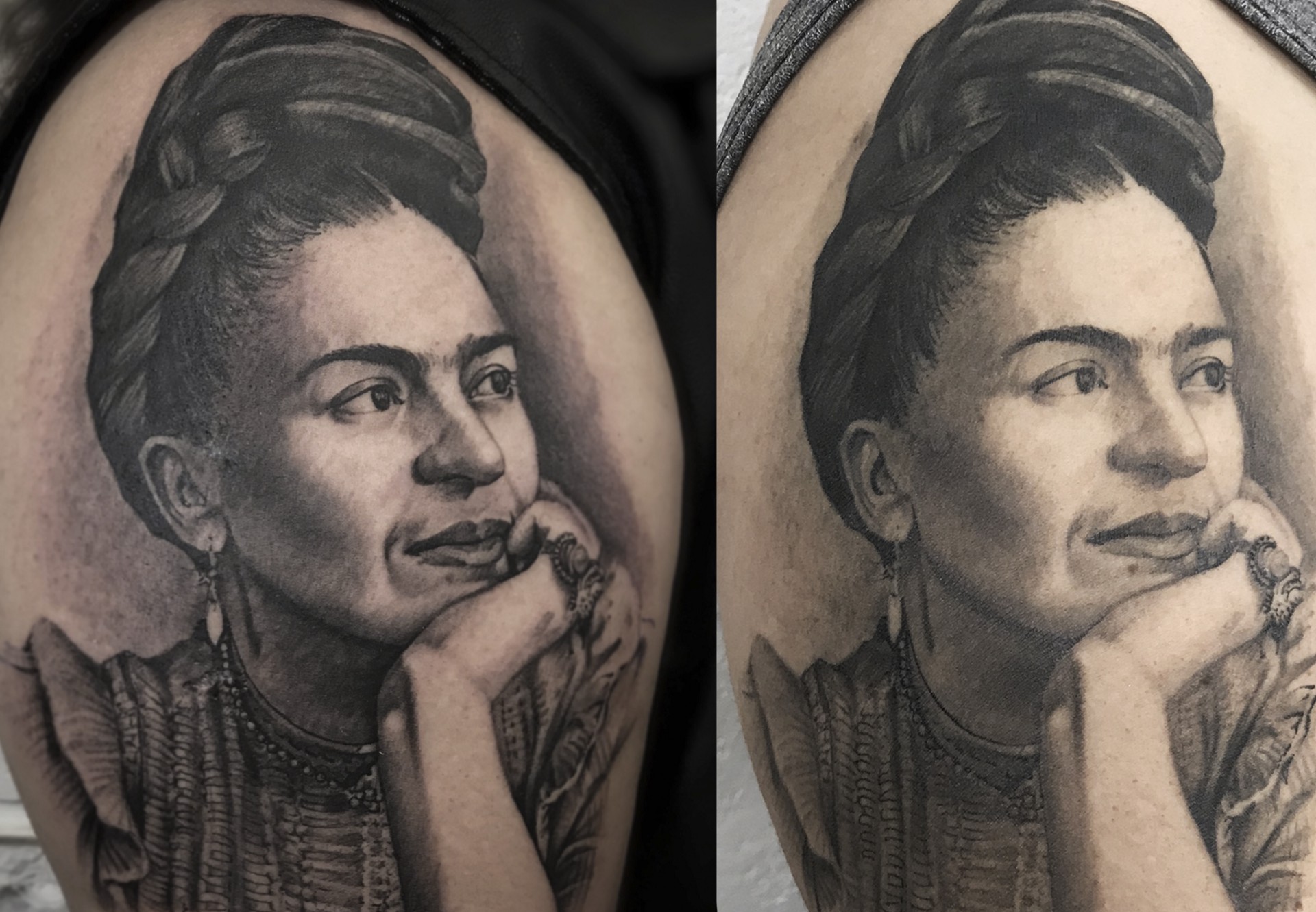 1vt_sohpxlph3xkjavpg3eq Desenho detalhado de um rosto feminino tatuado no braço, com cabelo preso e mão apoiando o queixo.