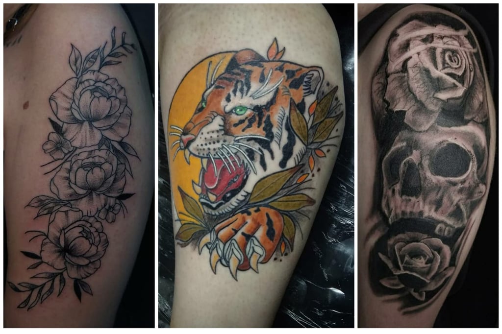 Três tatuagens: flores em preto, tigre colorido com folhas e caveira em tom de cinza com rosa. Arte de tatuagem no braço.