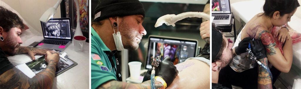 Artista cria e aplica tatuagens, com uso de computador e técnicas manuais em estúdio profissional, destacando criatividade.