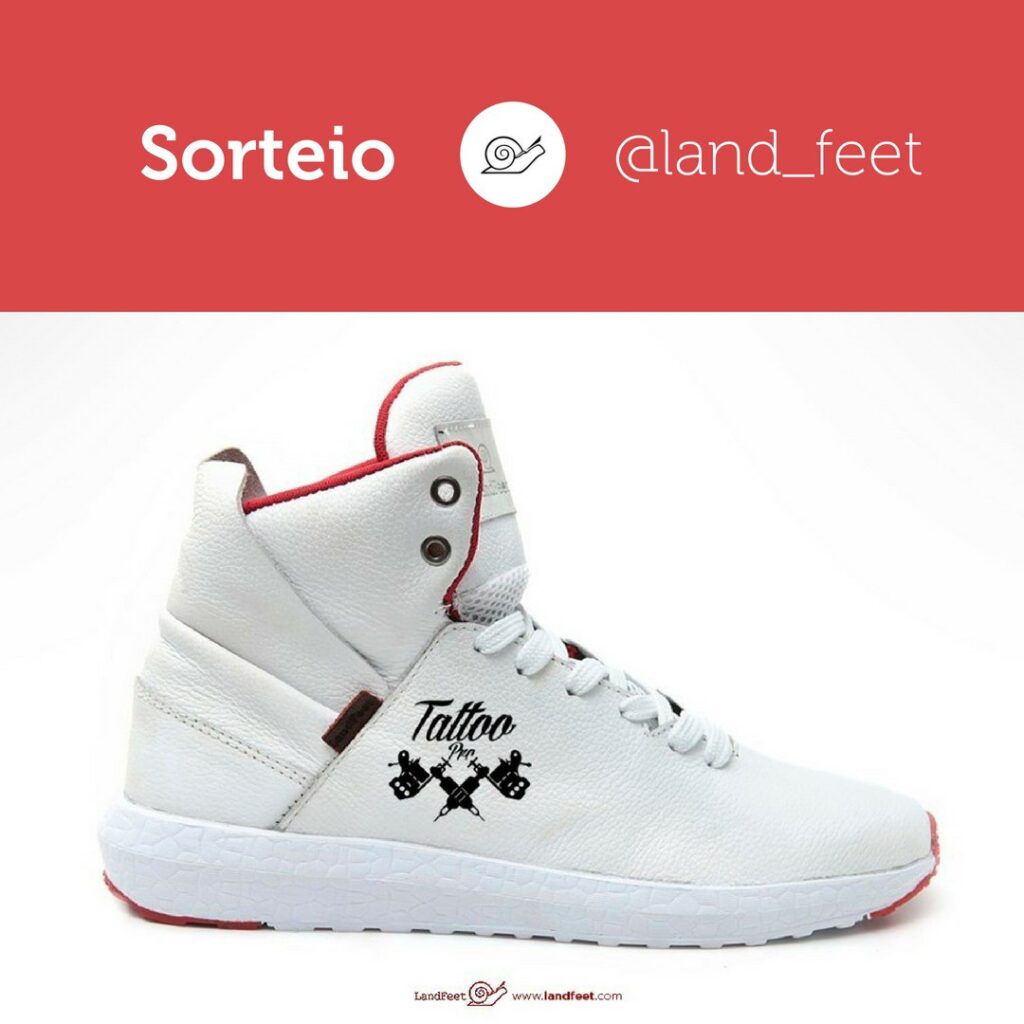 Sorteio de tênis branco Tattoo Pro da Land Feet. Participe pelo Instagram @land_feet.