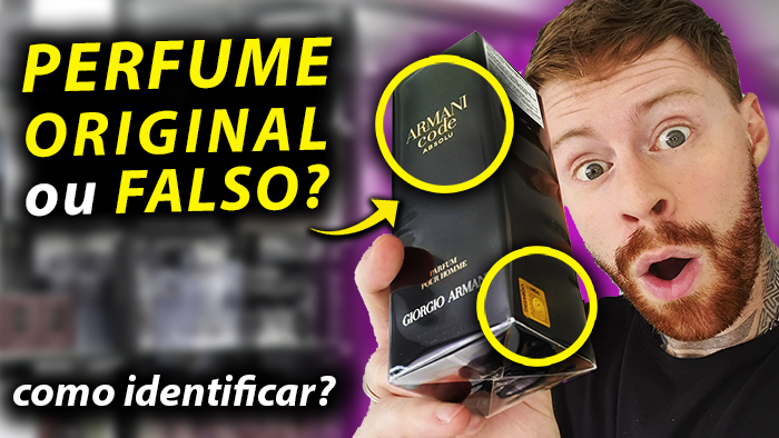 Homem segurando perfume Armani Code, questionando se é original ou falso, destacando detalhes para identificação.