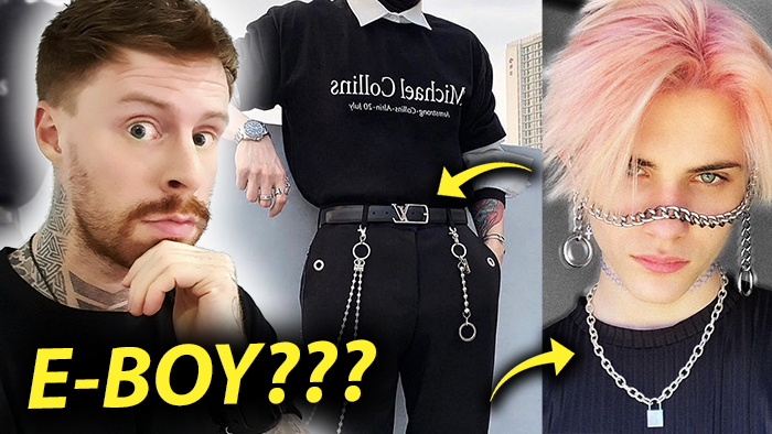 Estilo E-boy: moda urbana em preto com correntes e cabelo colorido. Explorando a estética moderna.