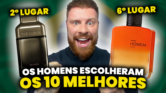 Imagem de um homem sorrindo com perfumes nas mãos, destacando os 10 melhores escolhidos, com foco em The Blend e Homem Tato.