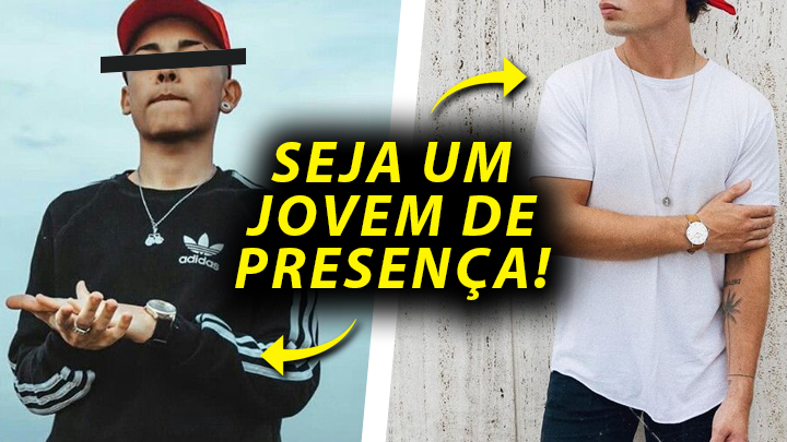 Dois jovens com estilos diferentes, em roupas casuais e acessórios; mensagem destaca presença pessoal.
