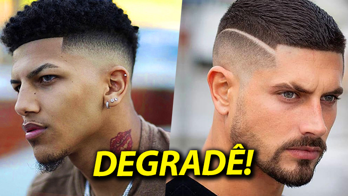 Dois homens com cortes de cabelo estilo degradê moderno e bem definidos.