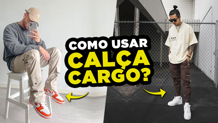Modos de usar calça cargo: estilo casual com tênis colorido e look urbano com camiseta oversized e tênis branco.