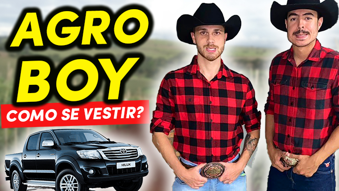 Dois homens com chapéu de cowboy e camisa xadrez vermelha ao lado de uma caminhonete preta. Texto: Agro Boy: Como se Vestir?.