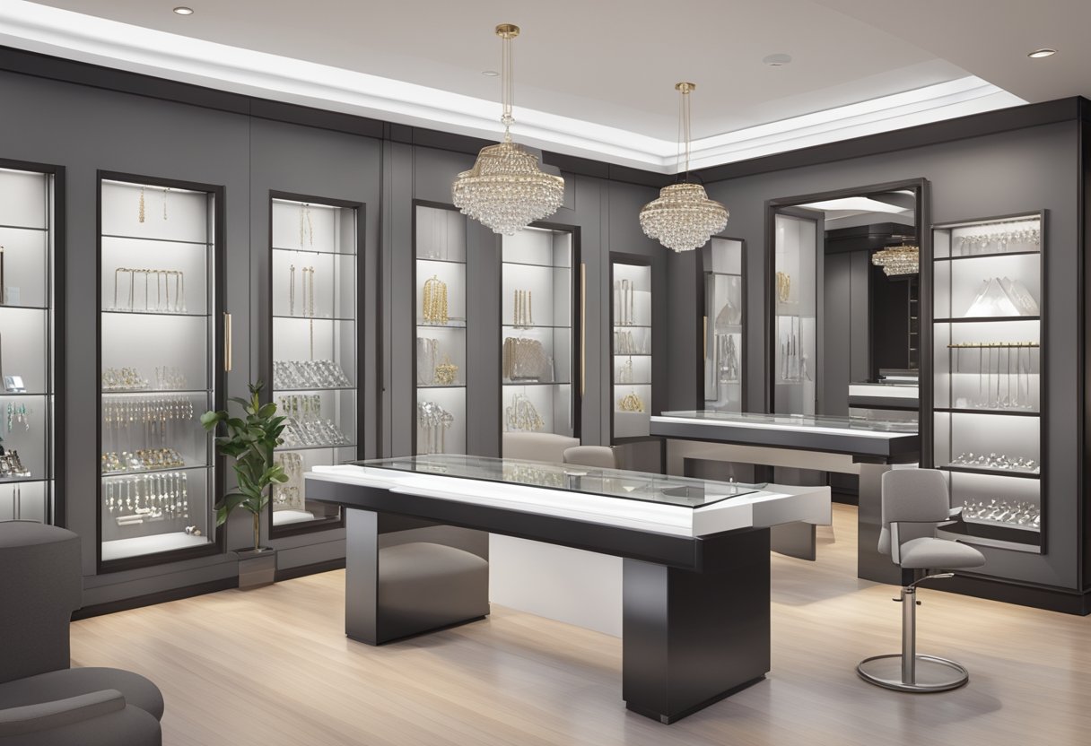 Um estúdio moderno de joias com vitrines sofisticadas e espaço profissional para piercings.