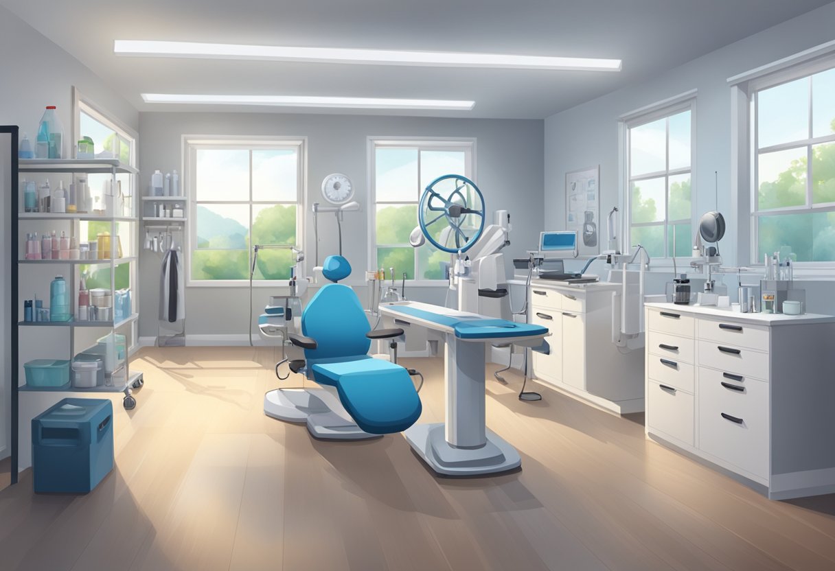 Um estúdio de piercing bem iluminado e limpo, com equipamentos estéreis e uma área de trabalho devidamente preparada.