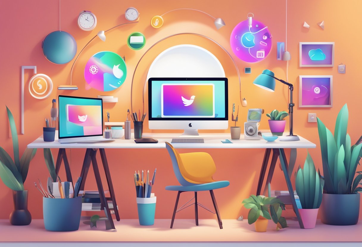 Um estúdio moderno com um logotipo elegante e ícones vibrantes de redes sociais exibidos em uma tela de computador, cercado por ferramentas criativas e um espaço de trabalho estiloso.