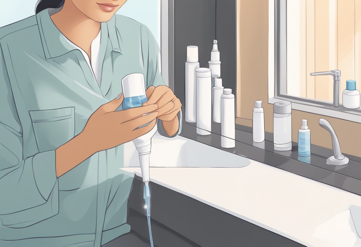 Aplicação de cuidados pós-piercing em uma área recém-perfurada em um ambiente limpo e iluminado.