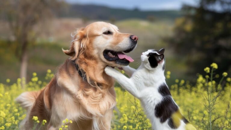 fotografia de um cachorro e um gato ao ar livre