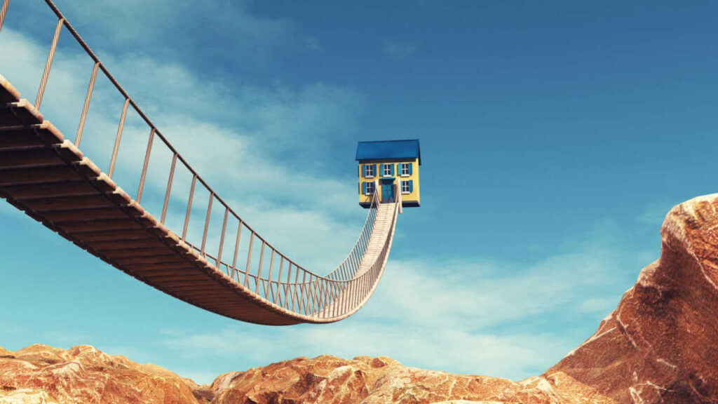 Ponte de madeira levando a uma casa levitando. Conceito de sonho. Ilustração de renderização 3d.