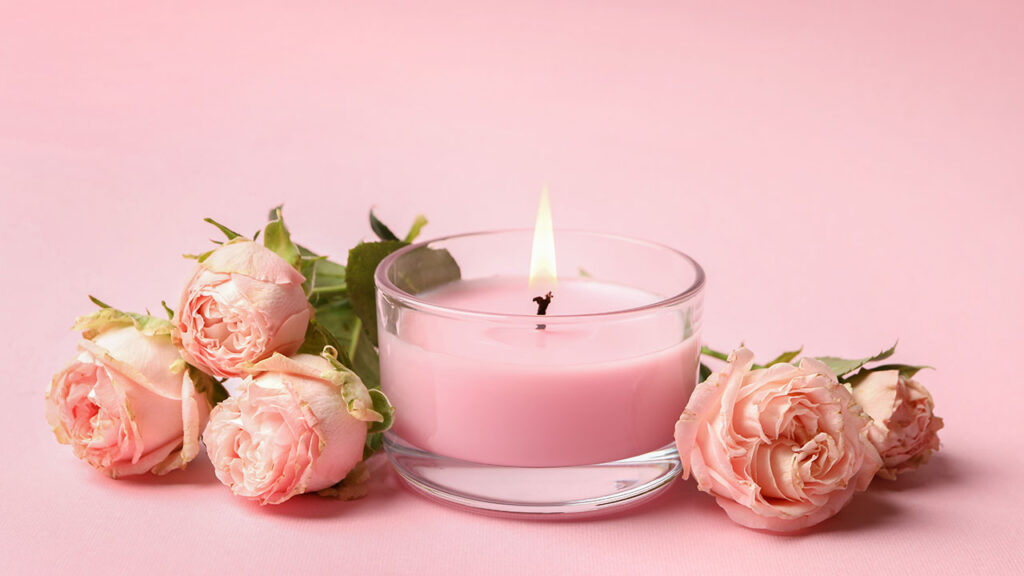 imagem com uma vela rosa no centro e flores rosas ao redor em fundo rosa
