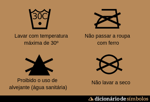 6-simbolos-que-a-gente-ve-todos-os-dias-e-nao-sabe-qual-a-origem-e-o-que-significam-7_xl Símbolos de lavagem: lavar a 30ºC, não passar, não usar alvejante, não lavar a seco. Fundo marrom claro.
