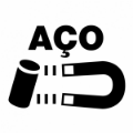 simbolos-de-reciclagem-6_xl Ícone em preto e branco com um ímã e a palavra "AÇO" acima de um cilindro metálico.