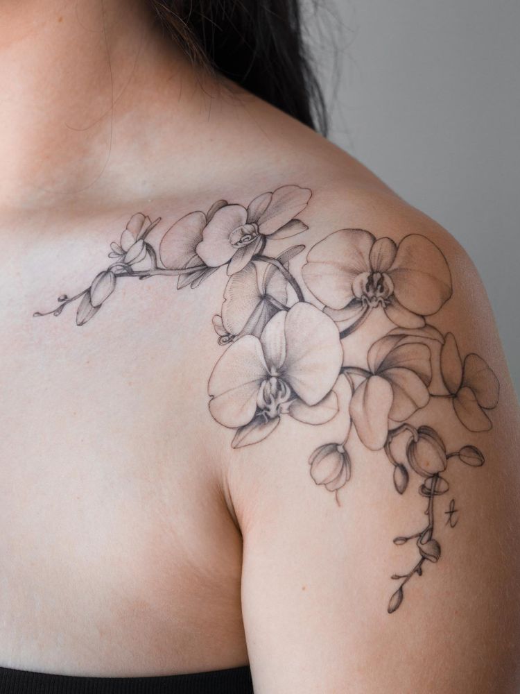 Tatuagem no ombro com flores de orquídea desenhadas em traços finos e sombreados em preto e cinza. Os detalhes incluem pétalas delicadas e botões. A pessoa veste top preto, com fundo cinza claro que destaca a arte.