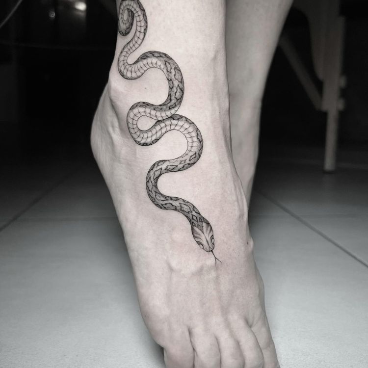 10-1 uma tatuagem de cobra que vai do fim da canela até o meio do pé