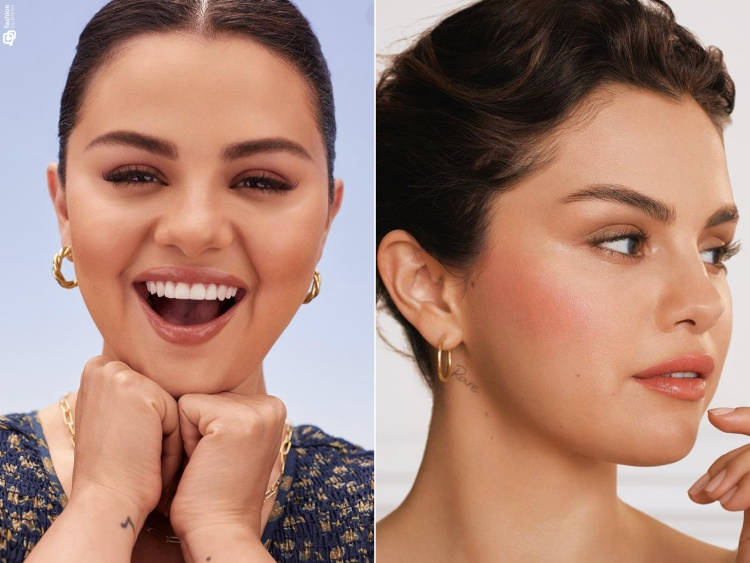 Duas fotos de Selena Gomez, uma sorrindo para a câmera e uma olhando para o lado