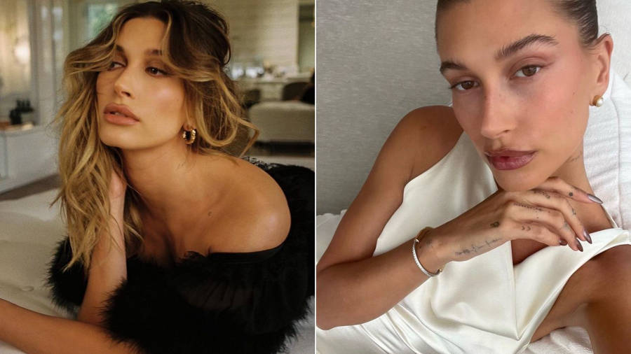Duas fotos de Hailey Bieber, uma com ela deitada na cama com vestido preto e outra mostrando suas tatuagens na mão
