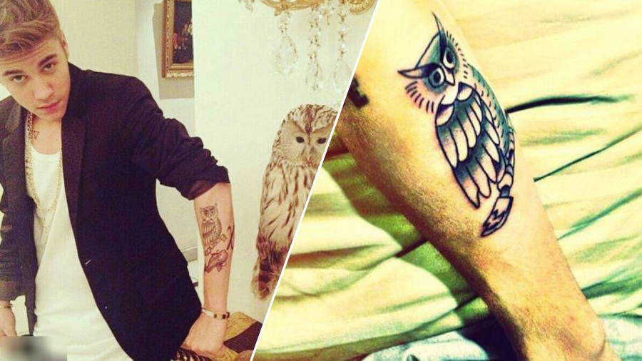 Foto de Justin Bieber com sua tatuagem de coruja, e uma foto com detalhes da coruja