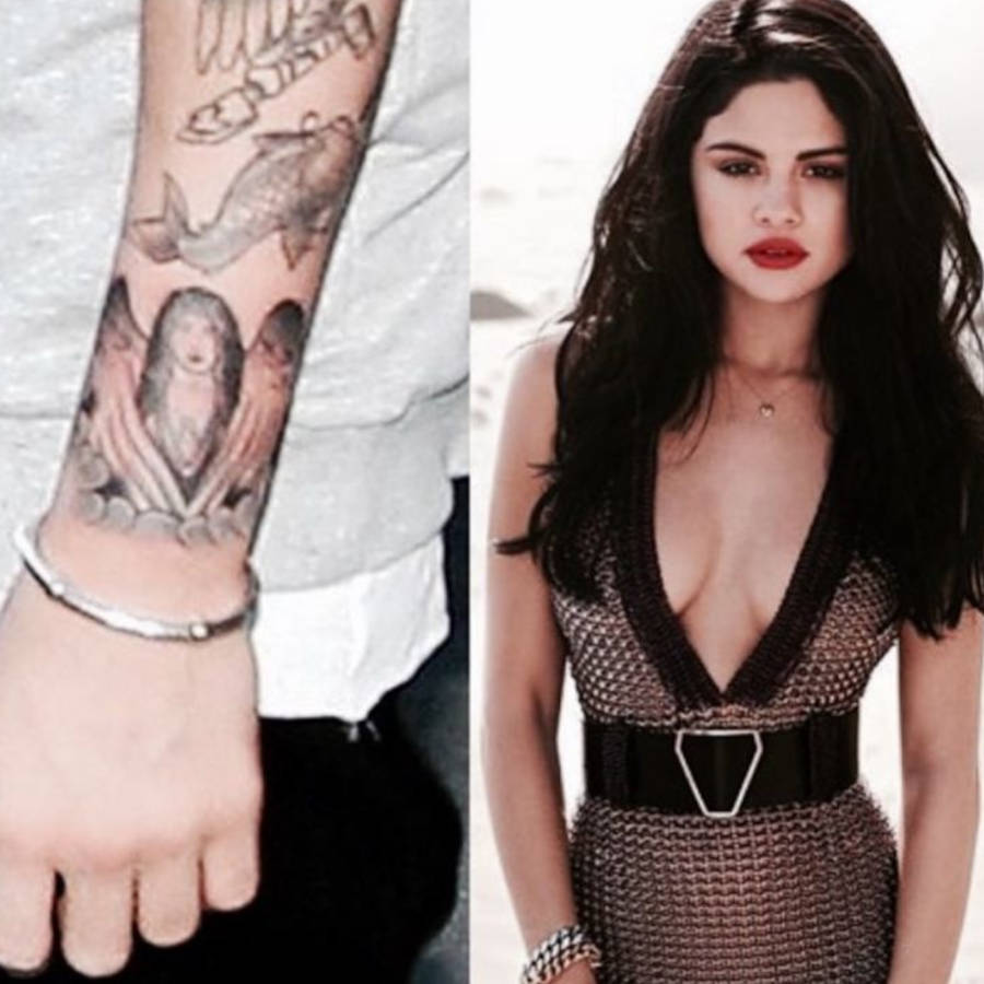 Foto comparando a tatuagem de Justin Bieber e a foto de Selena Gomez