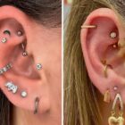 destacada-piercing-1-140x140-1-5 Montagem de foto de duas orelhas com muitos piercings, uma em prata e a outra em dourado.