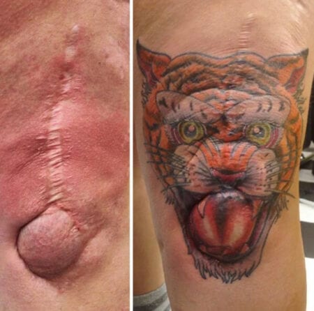 tattoo de felino cobre cicatriz feia no braco 450x446 1