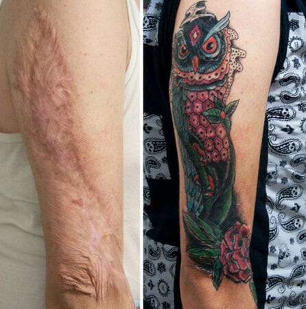 tatuagem de coruja cobre cicatriz no braco 446x450 1