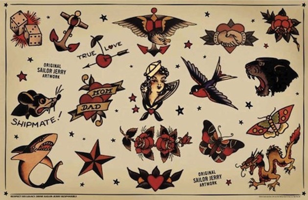 Diversas ideias de tatuagens old school, como dados, âncoras, borboletas, estrela e mais