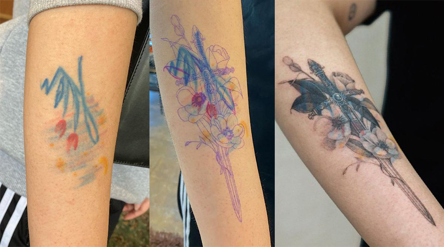 Tatuagem no braço Três fotos lado a lado de tatuagens no mesmo lugar do braço de uma pessoa. A primeira tatuagem é um desenho de flores coloridas em efeito de giz. A segunda imagem é dessa tatuagem embaixo de um desenho rascunhado de uma espada e flores. A segunda é a tatuagem das flores coberta pela tatuagem nova da espada com flores ao redor.